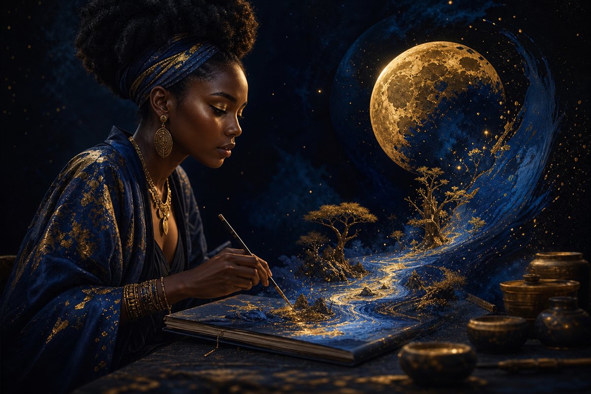 Artist creating a mystical indigo and gold world