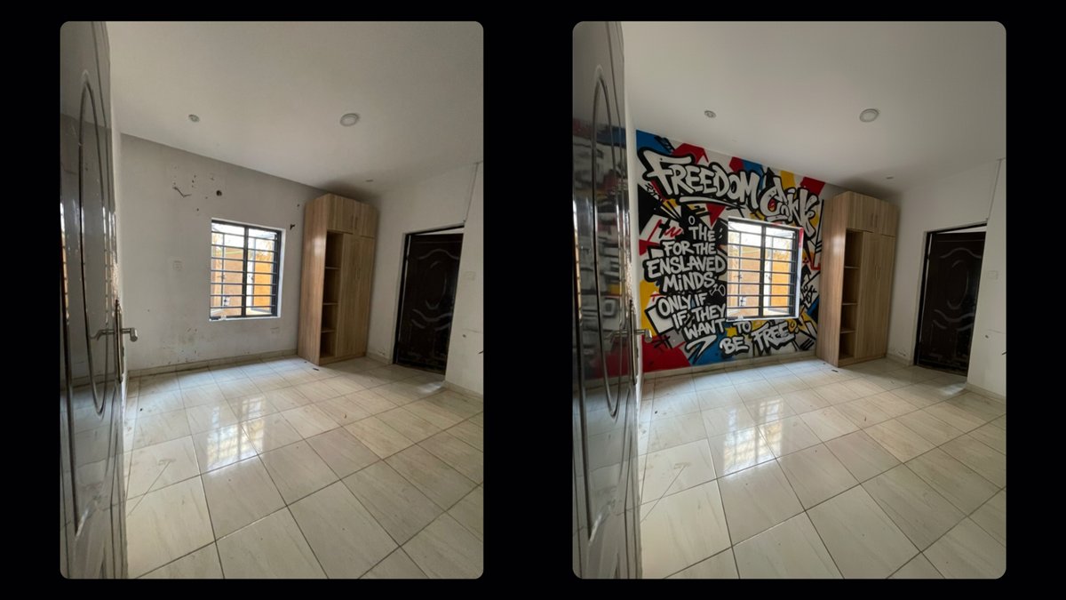 Room before and after adding a wall mural